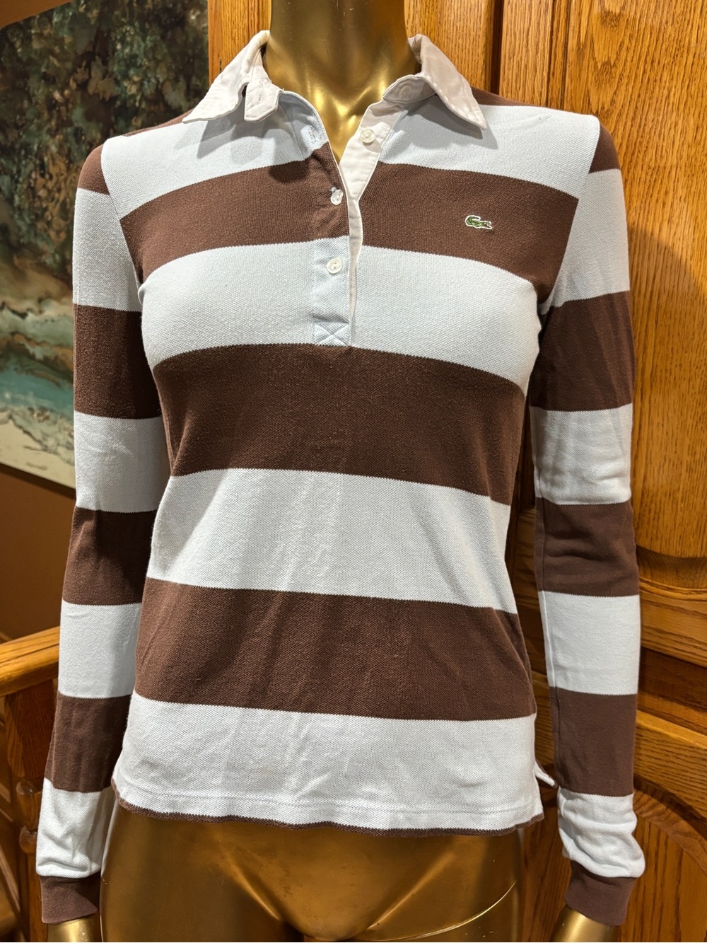 Lacoste Brown & White Striped Long-Sleeve Button-Down Polo
